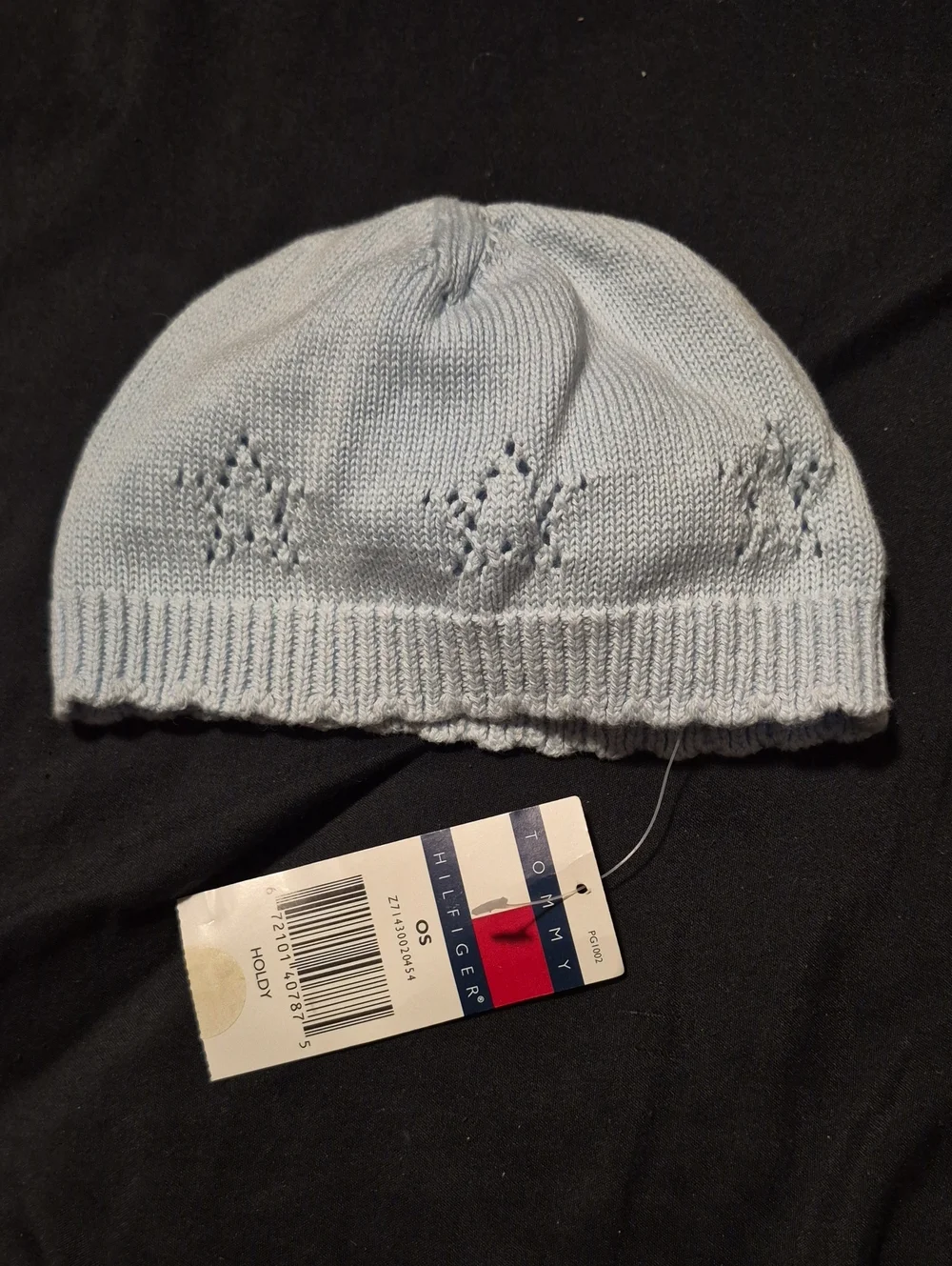 Tommy Hilfiger Pale Blue Knit Baby Hat with Star Eyelet Detail